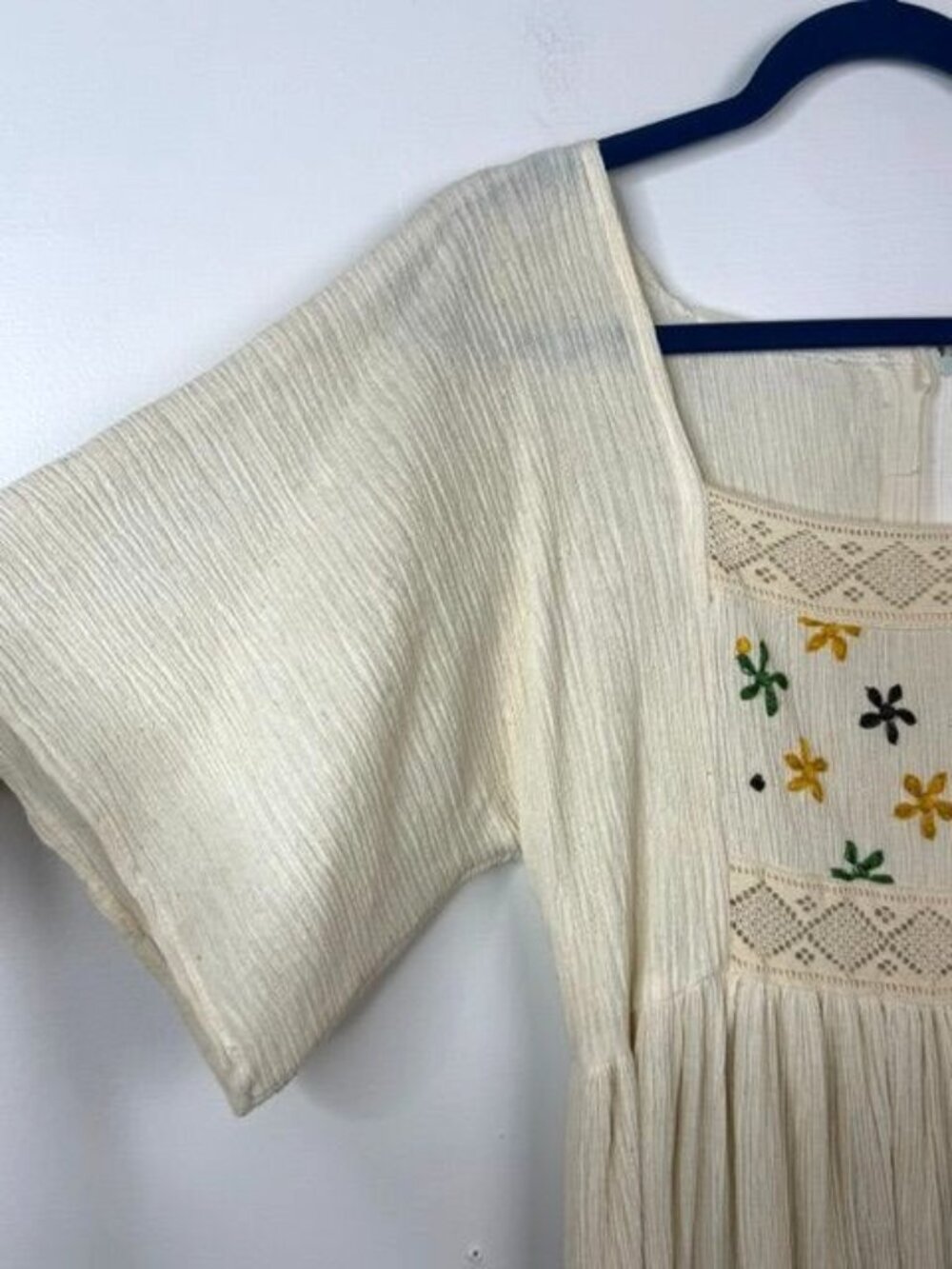 Vintage Cream Color Embroidered Bodice Short Sleeve Cottagecore Maxi Dress - Picture 5 of 6